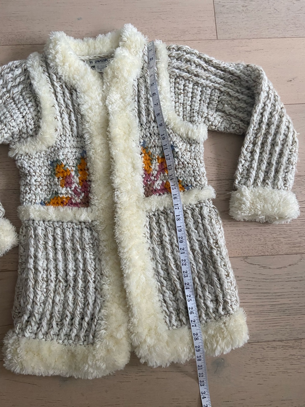 VINTAGE 80s Le Sweater Chunky Knit Cardigan Coat Cream Faux Fur Trim Floral EUC - Picture 9 of 9